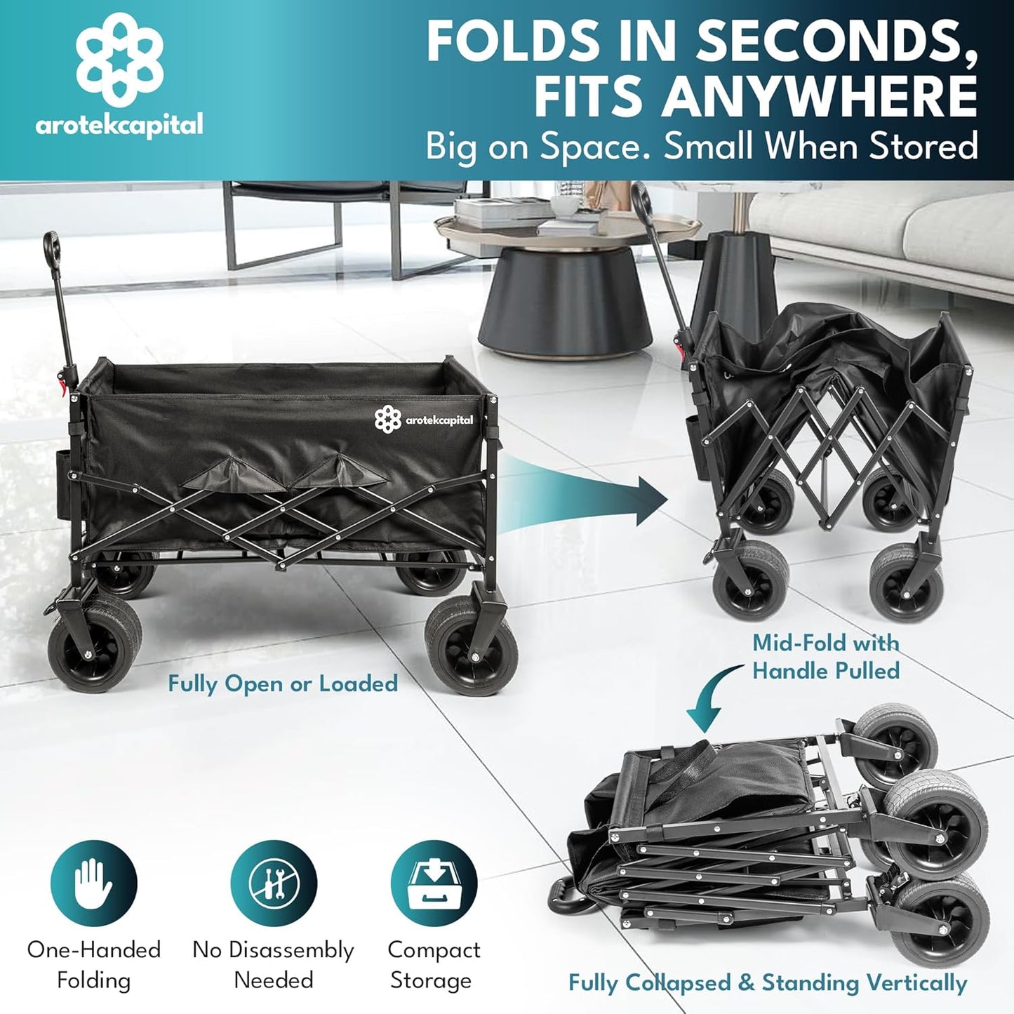 Collapsible Foldable Wagon Cart, 440lbs Heavy Duty Utility Wagon with All-Terrain Wheels, Folding Outdoor Cart with Brakes for Beach, Sports, Camping, Garden, Shopping โ Black