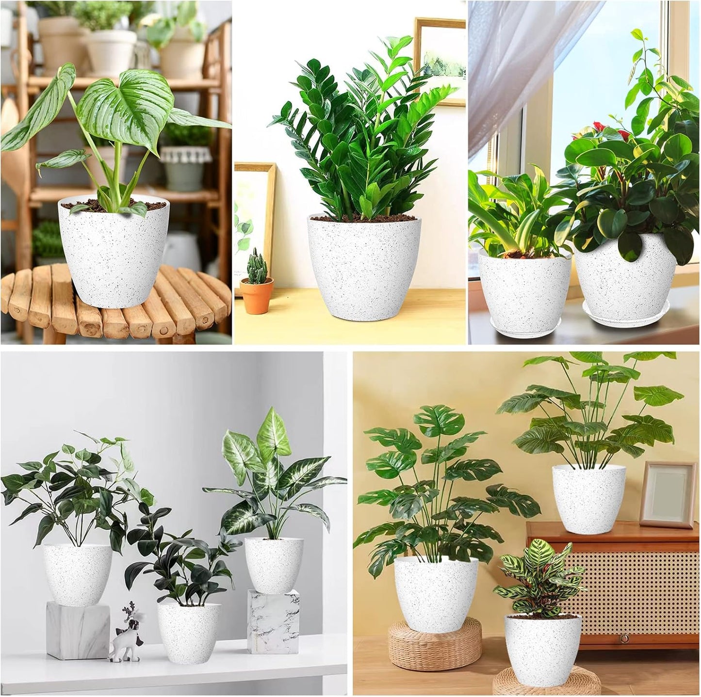 Vanavazon Plant Pots 9/8/7 Inch Set of 3 Flower Pots Indoor Outdoor Plastic Planters with Drainage Hole and Tray (Speckled White)