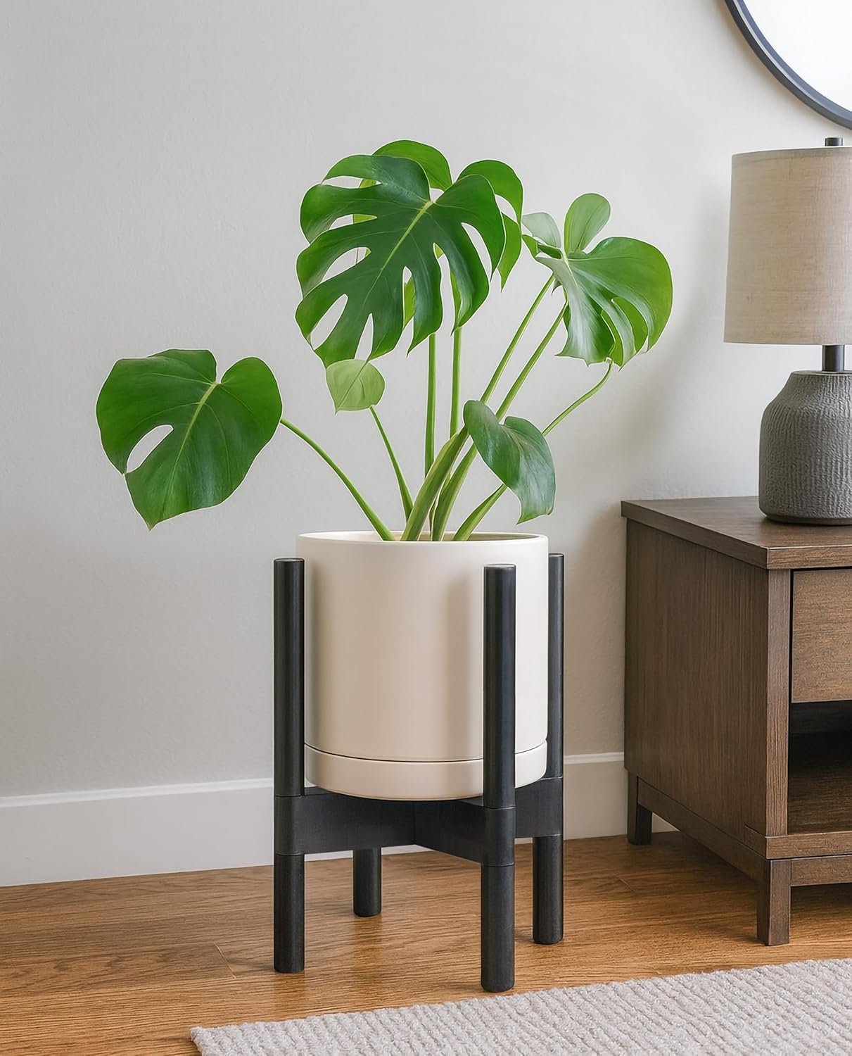 D'vine Dev Ceramic Planter with Ebony Stand - 8 Inch Modern Round Flower Pot with Wood Planter Holder, Oatmeal, 55-B-M-8