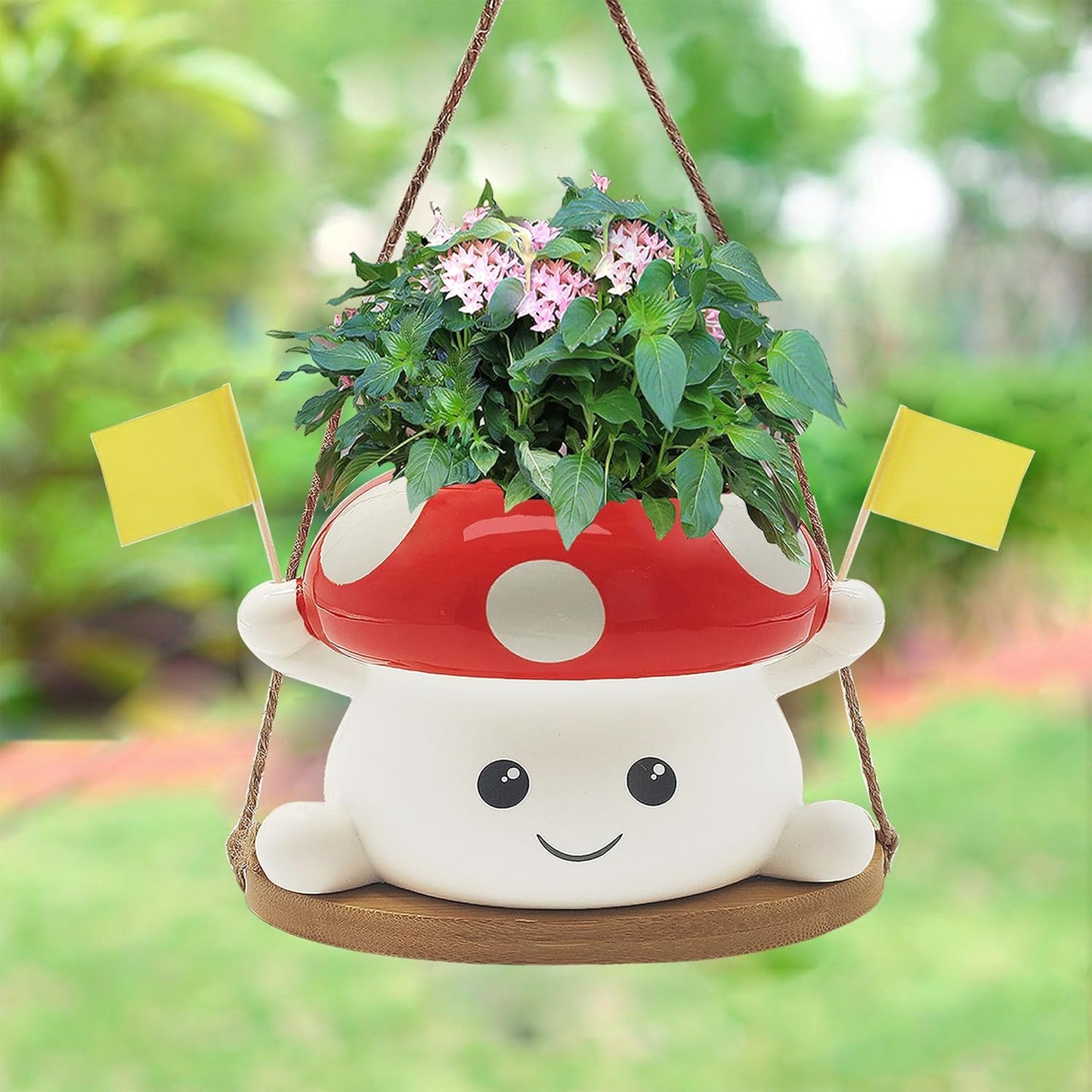 Mushroom Swing Plant Pot,Ceramic Hanging Plant Holder for Indoor Outdoor Plants,Cute Plant Hanger Flower Pot Mushroom Garden Decor Mushroom Gift