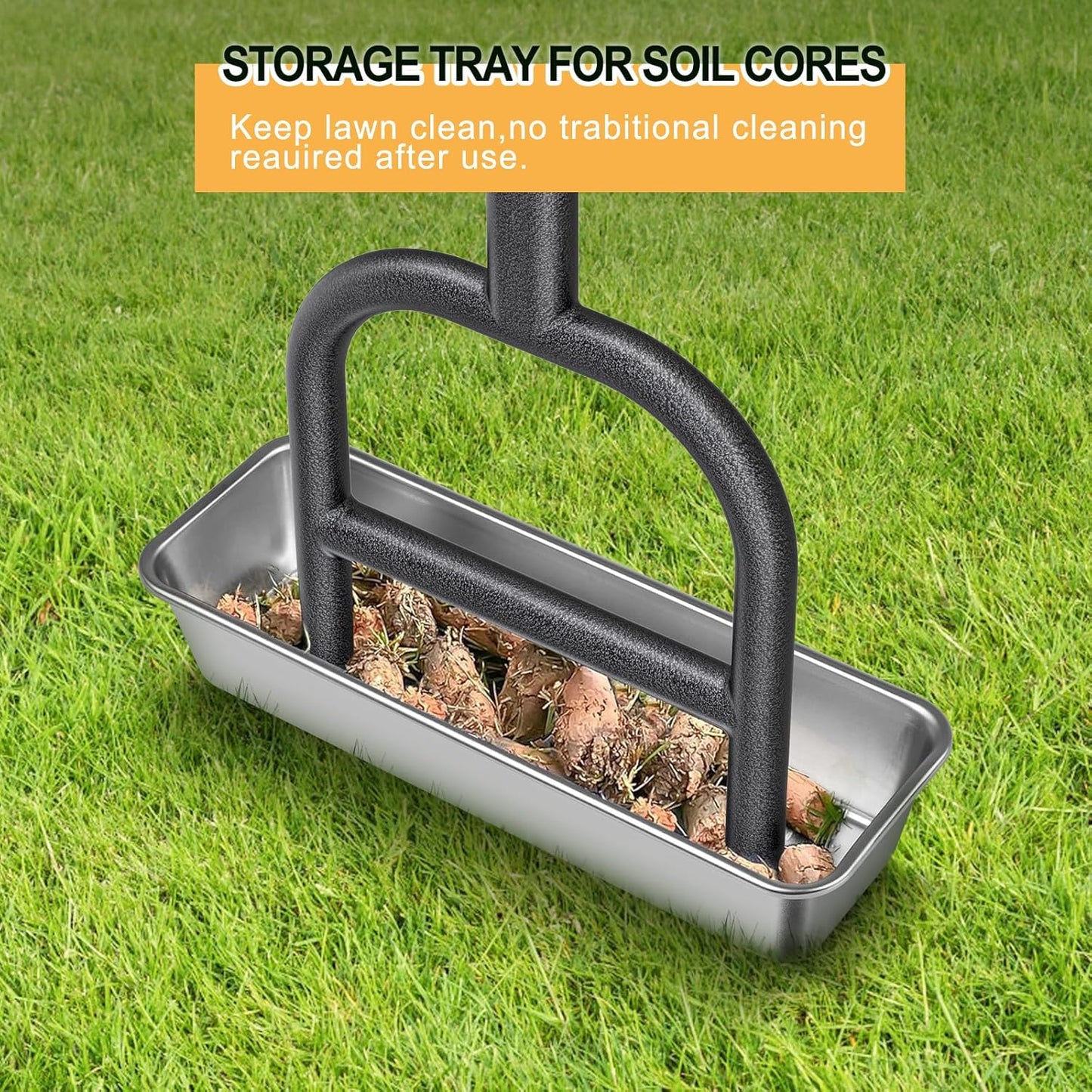 Dolibest Lawn Coring Aerator, Manual Grass Aerating Tool with Stainless Steel Soil Core Storage Tray, 3 Stainless Steel Corer Plug Aerator Tool, Garden Tool & Clean Hand Tool, Improve Lawn Health