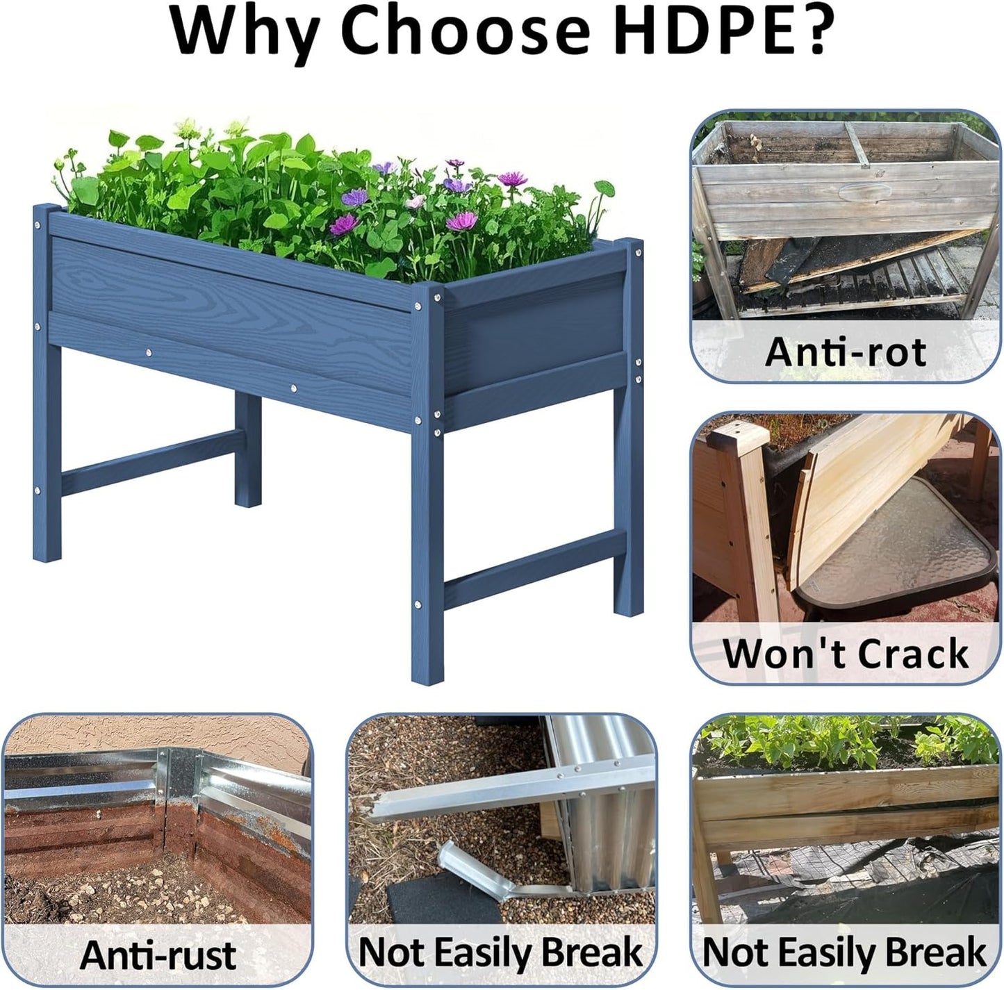 Raised Garden Bed Outdoor with Legs,HDPE Elevated Planter Box Rot-Resistant and Non-Cracking,Raised Beds for Gardening for Backyard, Patio, Balcony, 300lb Capacity Navy