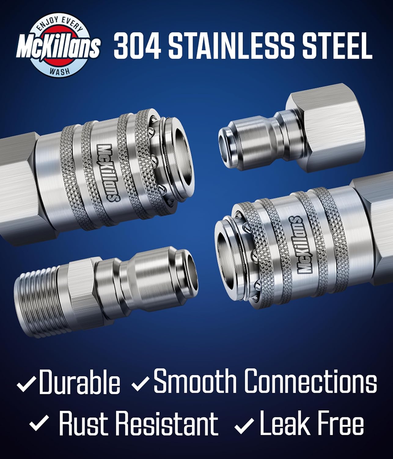 McKillans® 3/8" NPT Automatic Pressure Washer Quick Connect Kit of 4 - Stainless Steel - 3/8" Pressure Washer Quick Connect Fittings - Power Washer NPT 3/8" - PUSH-TO-CONNECT - Upgraded Viton O-Rings