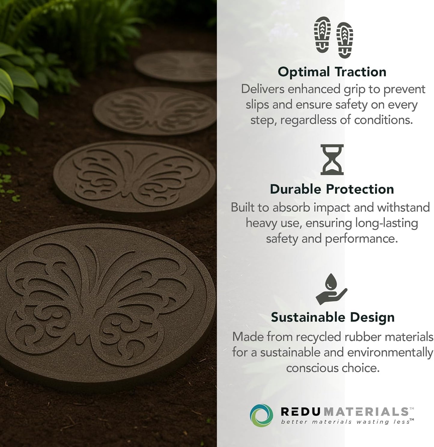 Garden Central 4-Pack 18”x18” Fake Butterfly Rubber Stepping Stones, Round, Grey – Reversible Non-Slip Outdoor Faux Decorative Set for Landscaping – DIY Decor for Walkways & Yard Pathways