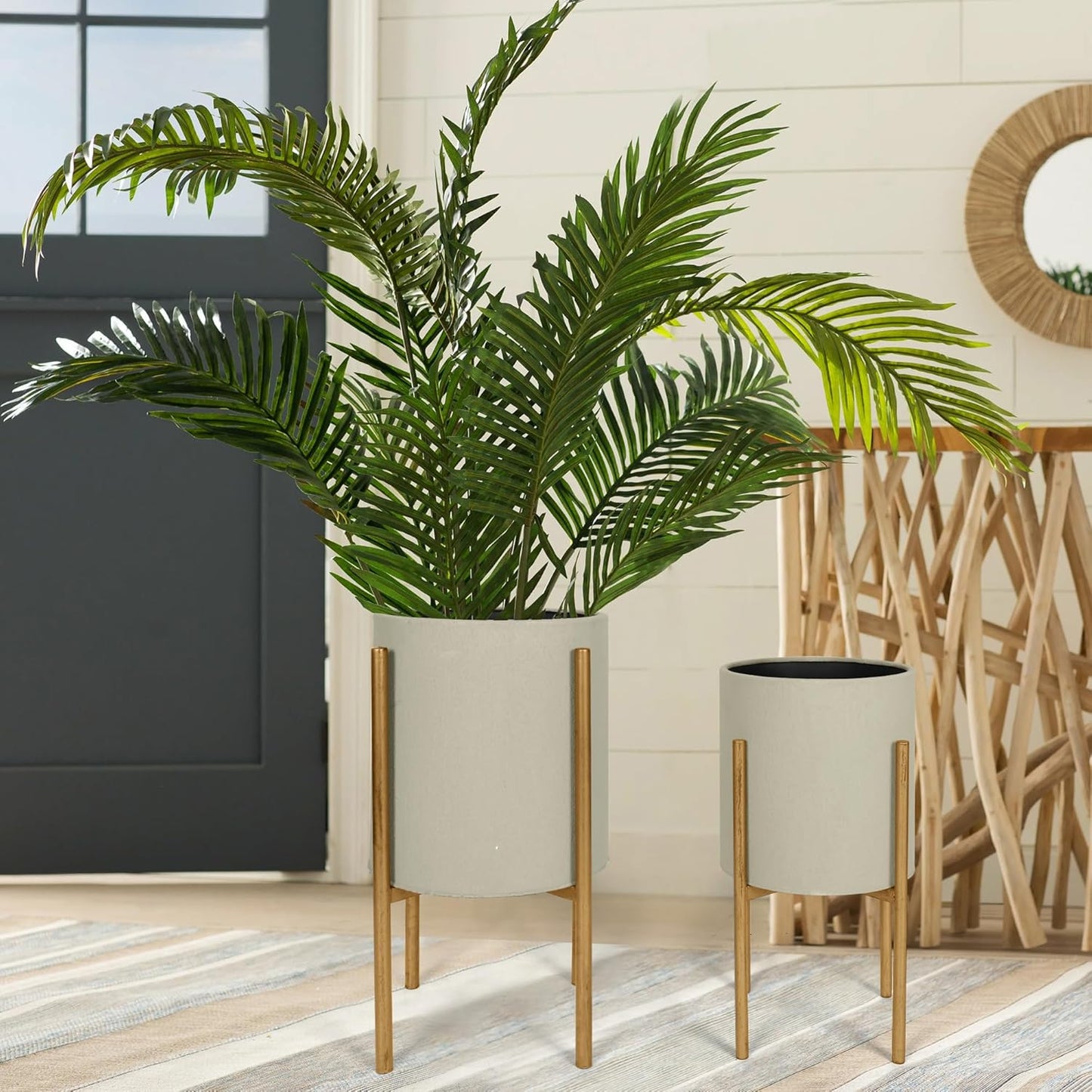 Oakrain Plants Pots with Stand, Set of 2 Planters for Indoor Plants, Modern Decorative Metal Flower Pots for Living Room, Garden, Balcony, 10"&12", Cement Gray Frosted