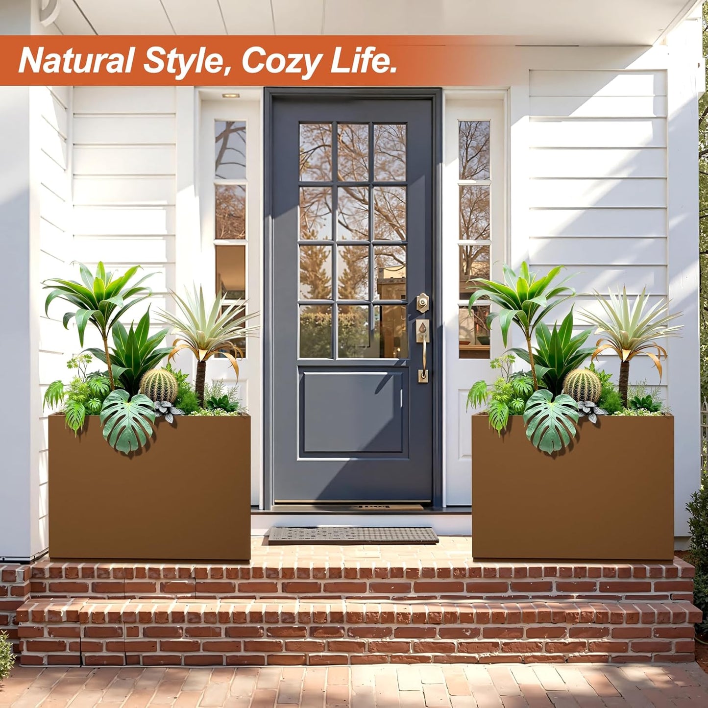 Metal Rectangular Planter for Outdoor Plants, Coated Large Planter Box with Drainage, Outdoor Patio PLanters with Sturdy Thickened Divider for Yard, Garden