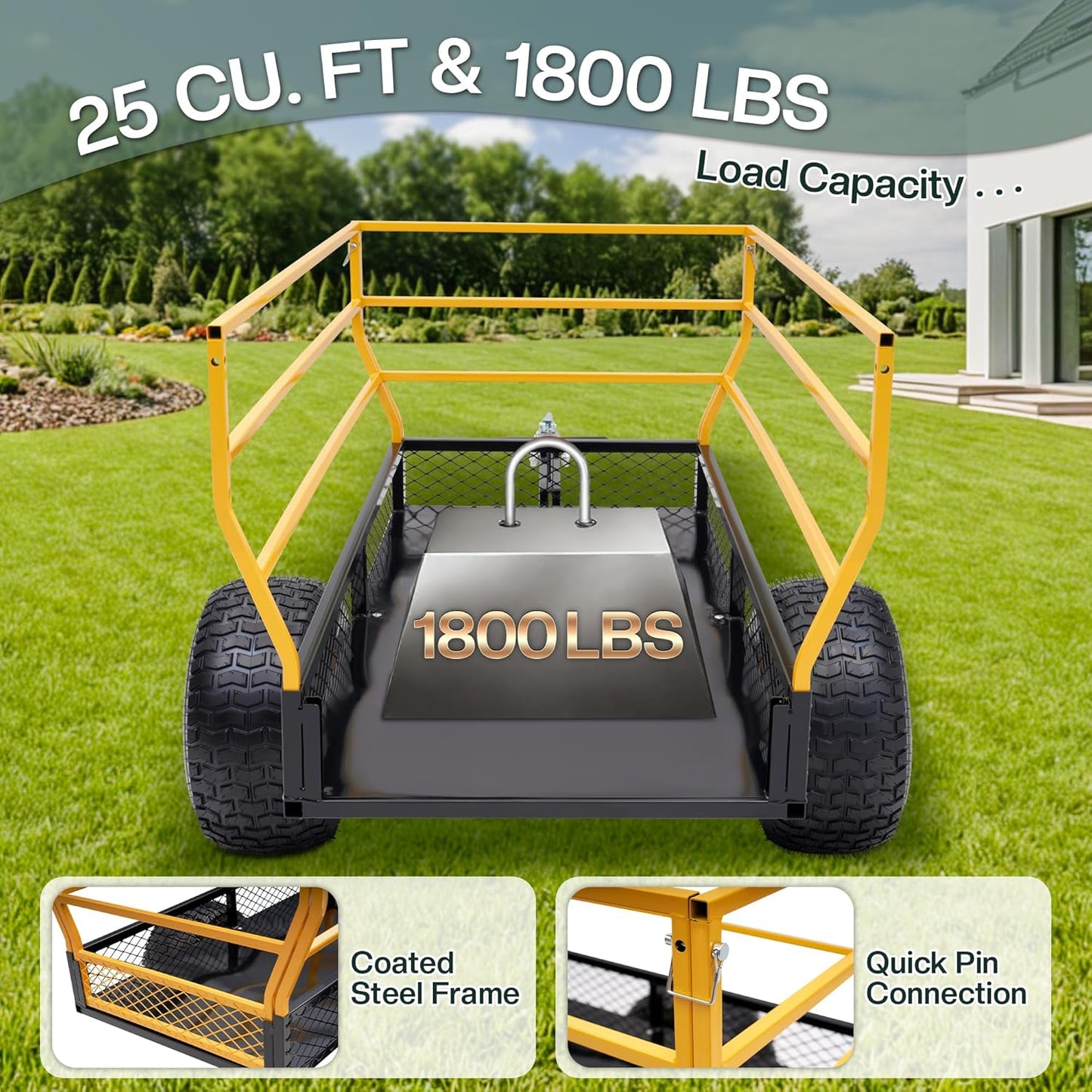 Jocisland Heavy Duty Garden Utility Trailer, 1800 Lbs 25 Cu.Ft Tow Behind Dump Cart with Ball Hitch and T-Shaped Steel Bed, Lawn Mower Tractor Cart for Yard, Farm