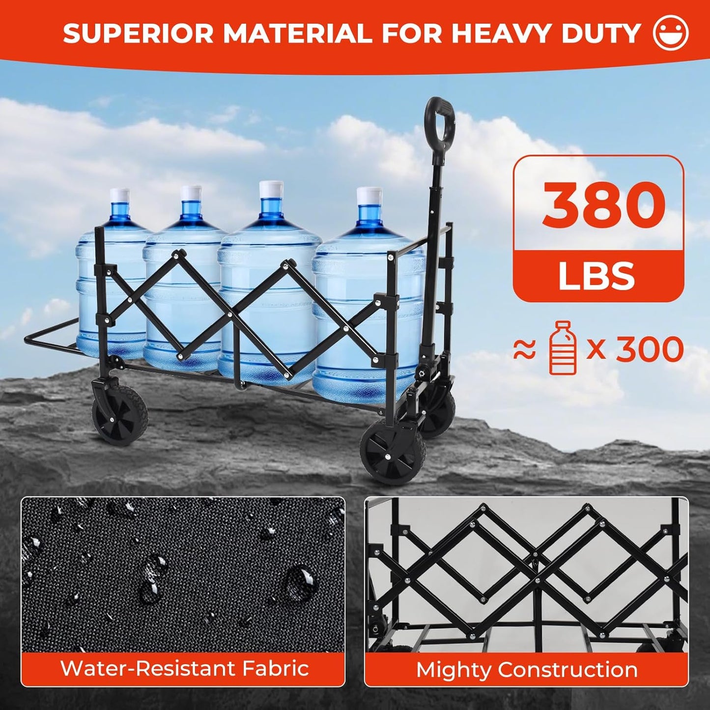 Collapsible Extended Tailgate Wagon with Wheels, 380LBS Capacity Folding Utility Cart for Garden,Outdoor, Grocery, Beach, Camping Portable Heavy Duty Garden Cart