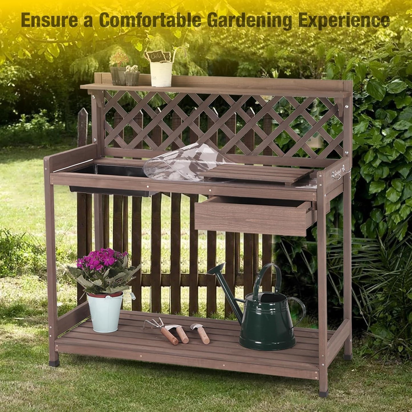 Aivituvin Potting Bench Outdoor with PVC Layer Wooden Planting Table with Sink & Lid Gardening Work Bench with Drawer, Shelf, Hook