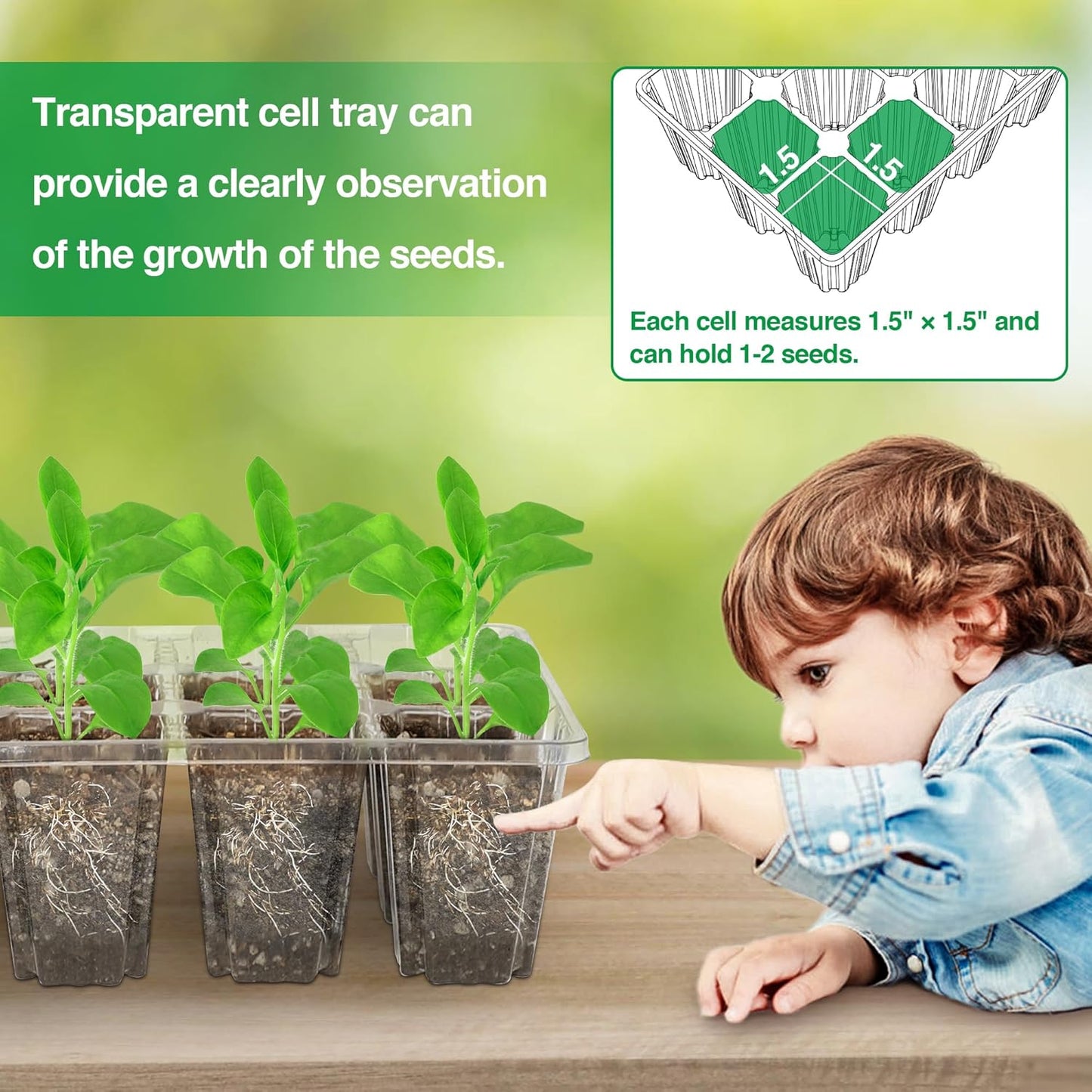 Bonviee 5 Packs Seed Starter Tray with Plant Light, Elevated Seedling Starter Trays Kits with Adjustable Humidity Domes and Clear Cell Tray, 12 Full Spectrum led lamp Beads for Plants Indoor-Green