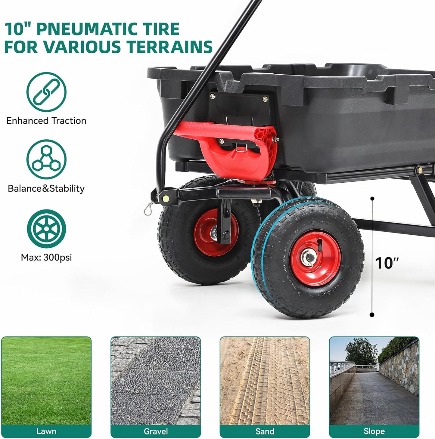 800lbs Garden Dump Cart, Heavy Duty Yard Dump Wagon with 10" Pneumatic Tires, Utility Wheelbarrow cart for Yard, Farm and Garden