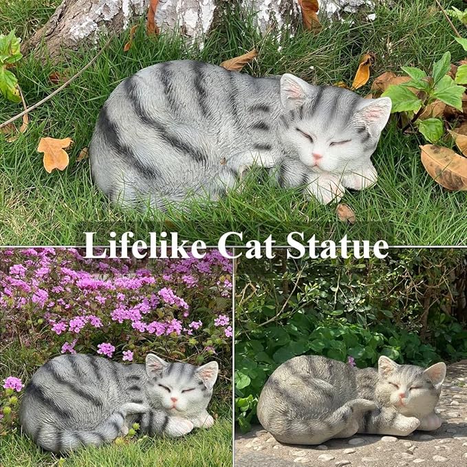 Sleeping Cat Statue Garden Decor, Outdoor Cat Sculpture & Figurine Lawn Ornament, Grey Tabby Statue for Patio, Lawn, Yard Decorative, Cute Kitten Memorial Grave Accessory