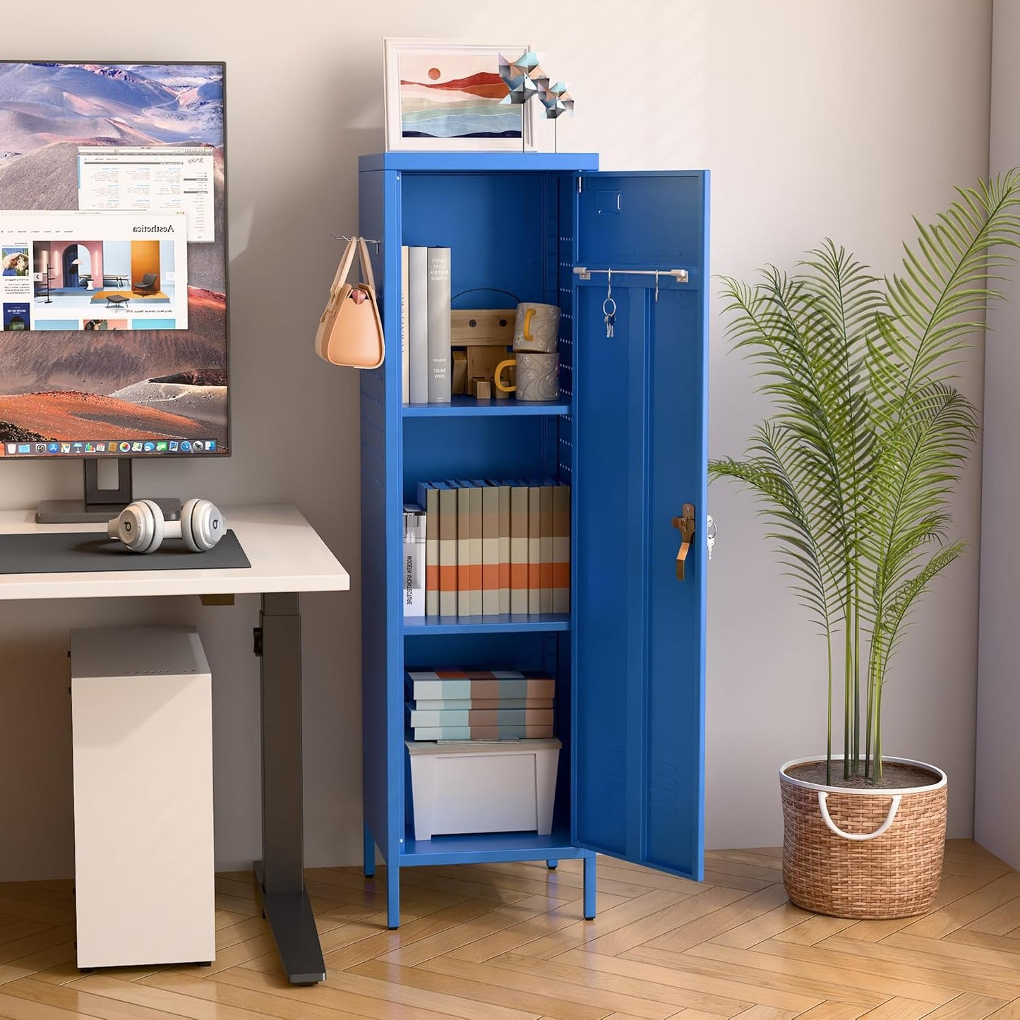 METAN Metal Storage Lockers with Handle Lock and 2 Adjustable Shelves,Office Storage Locker with Pegboards and Hooks,Assembly Required,Blue