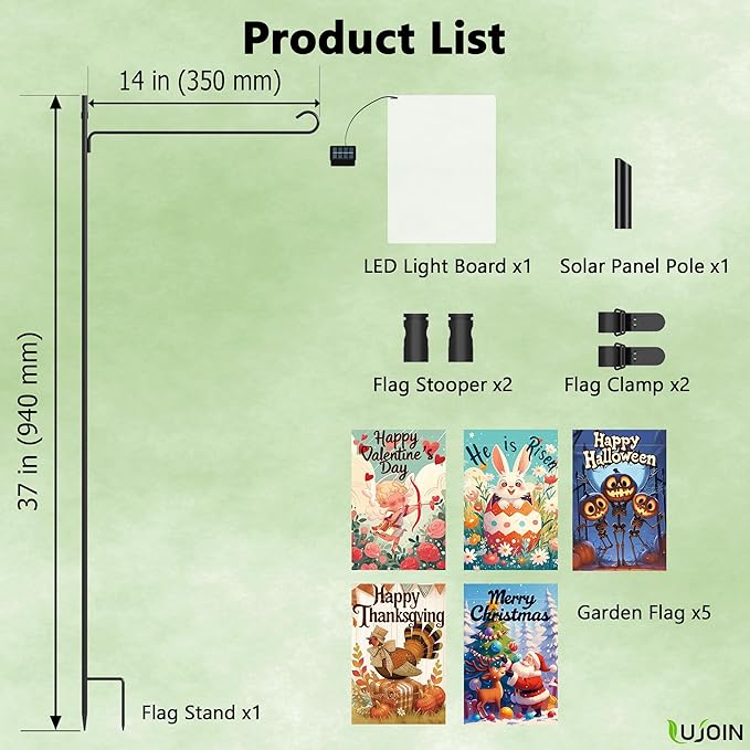 DIY Solar Garden Flag Stand with 5 Holiday Flags, Universal LED Board for DIY a Lighted 12"x18" Flag, Including Valentines Day, Easter Day, Halloween, Thanksgiving Day & Christmas Flags
