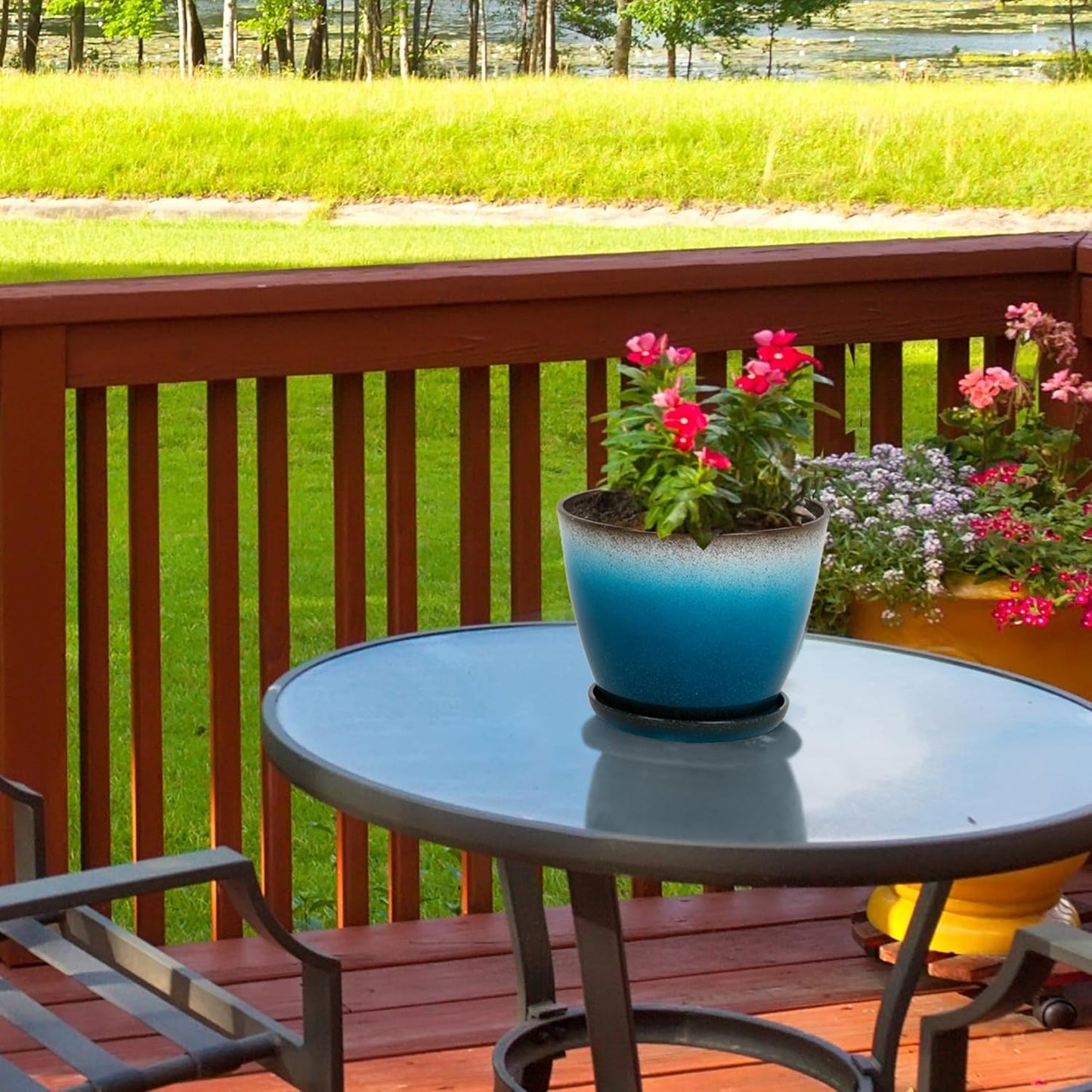 Worth Garden Plastic Round 8" Plant Pots - Set of 6 Multicolor Small Gloss Flower Pot Planters with Drainage Hole and Saucer - Home Decorative Christmas Containers