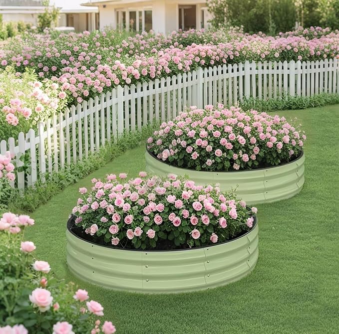 Raised Garden Bed Kit, 4x4x1 ft Round Galvanized Planter Box Outdoor with Safety Edging, Large Metal Raised Beds for Gardening Vegetables Flower Fruits (Avocado Green)