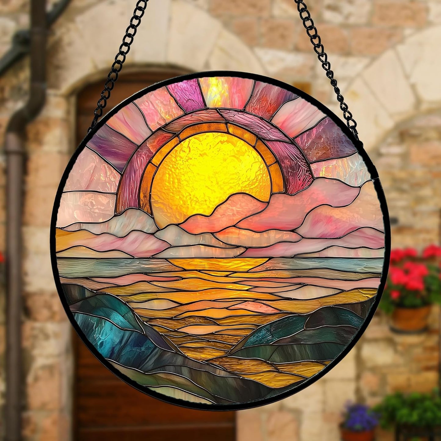 Stained Glass Window Hanging, Sunrise Over The Sea Suncatcher Diamond Glass Panel Hangings Abstract Sun Catchers Decor for Birthday for Women, Men, Wife, Aunt, and Mom 7.8 in