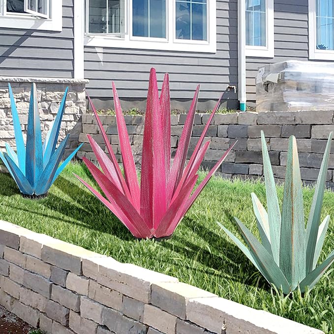 Large Tequila Rustic Sculpture, Rustic Metal Agave Plants for Outdoor Patio Yard, Home Decor Hand Painted Metal Agave Garden Yard Statue, Outdoor Lawn Ornaments Yard Stakes (Sky Blue - M)