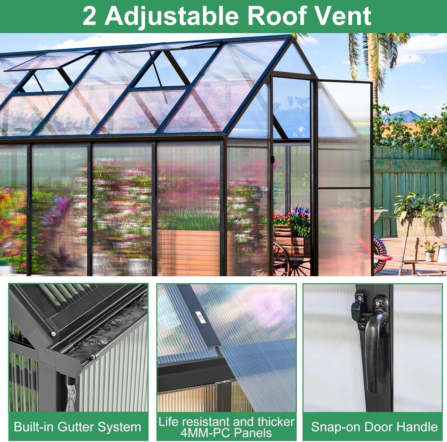 CDCASA 12x6x6 FT Greenhouse for Outdoors, Large Polycarbonate Greenhouse Aluminum Greenhouses w/Vent Window, Swing Door & Easy Assembly Walk-in Green House for Patio, Backyard, Garden, Black