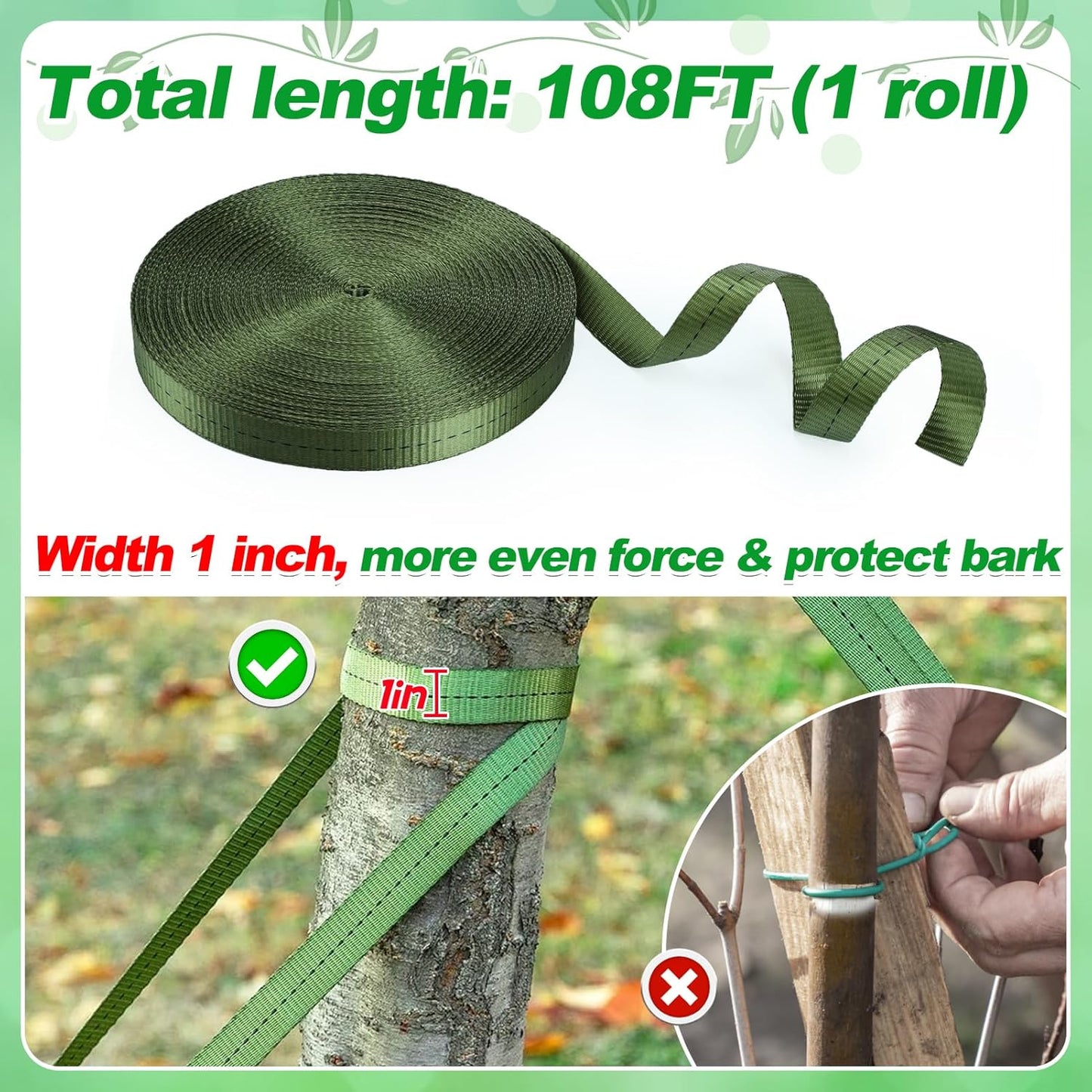Biubee 2,425 Lbs Strength Tree Straps - 108FT Tree Tie Support Straps for Staking, Green Blend in with Landscaping for Guying Young Trees Straight and Storm Protection, for Outdoor Plants, 1" Wide