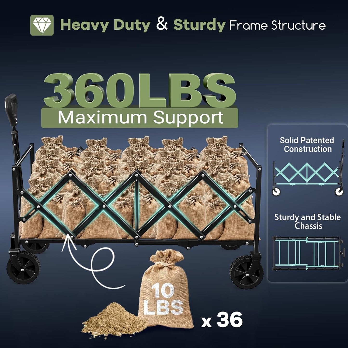 34'' Extra Long Collapsible Wagons Carts Foldable, 360LBS Heavy Duty Folding Beach Wagon with Wheels, Portable Utility Outdoor Cart for Grocery, Garden, Sports, Camping, Red