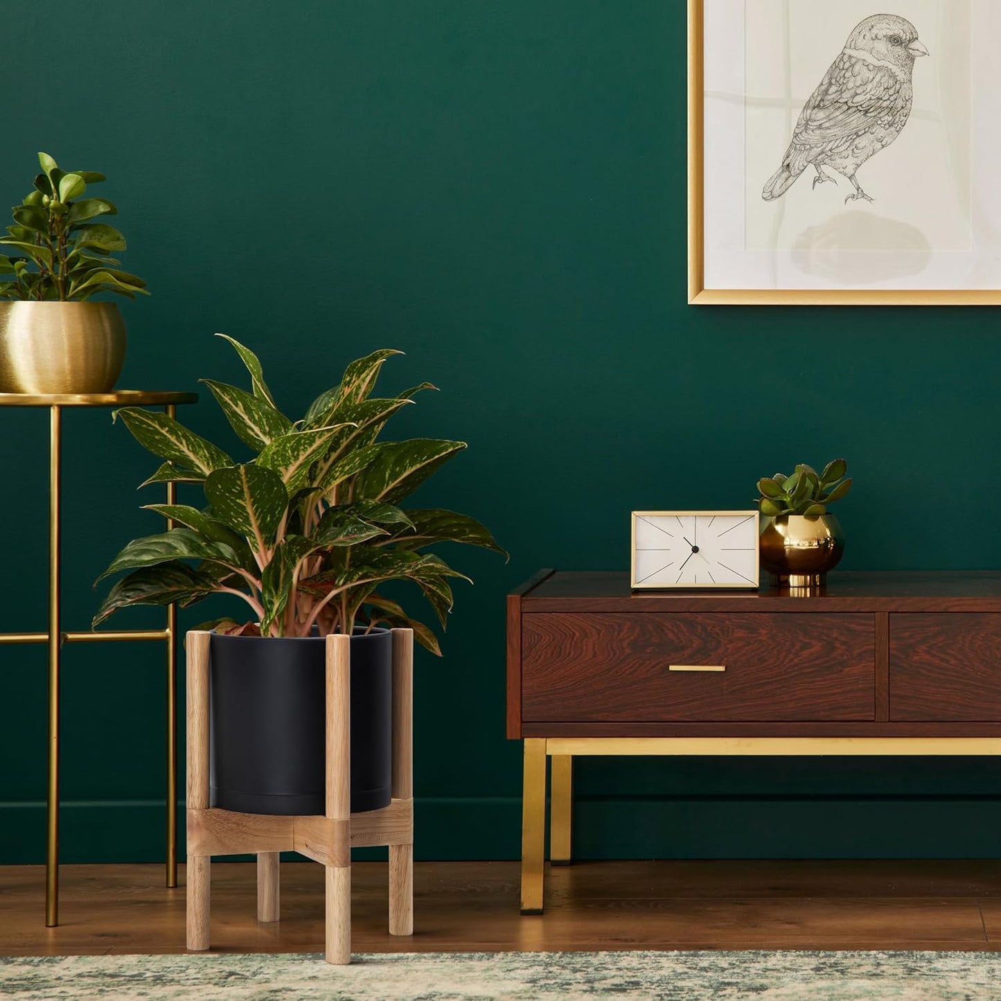 D'vine Dev Planter Pot with Stand - 8 Inch Plastic Cylinder Flower Pot with Wood Planter Holder for Indoor, Matte Black Pot + Natural Stand, 55-C-J-2