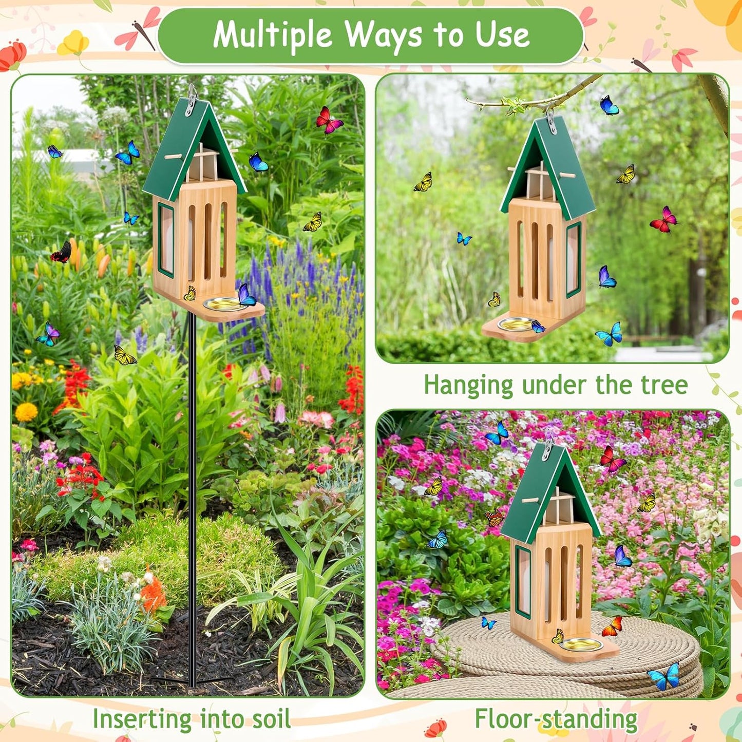 New Upgraded Butterfly House and Feeder for Outside - Wooden Butterfly House with Metal Stake for Garden Backyard, Natural Butterflies Habitat with Puddler on Floor or Hanging on Tree Wall