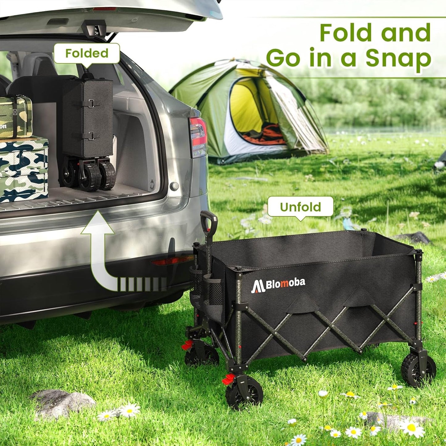 Folding Wagon Cart with Wheels, 180L 330LBS Heavy Duty Utility Wagon, Beach Wagon with All-Terrain Wheels, Portable Grocery Wagons for Camping, Shopping, Garden, Sports, Black