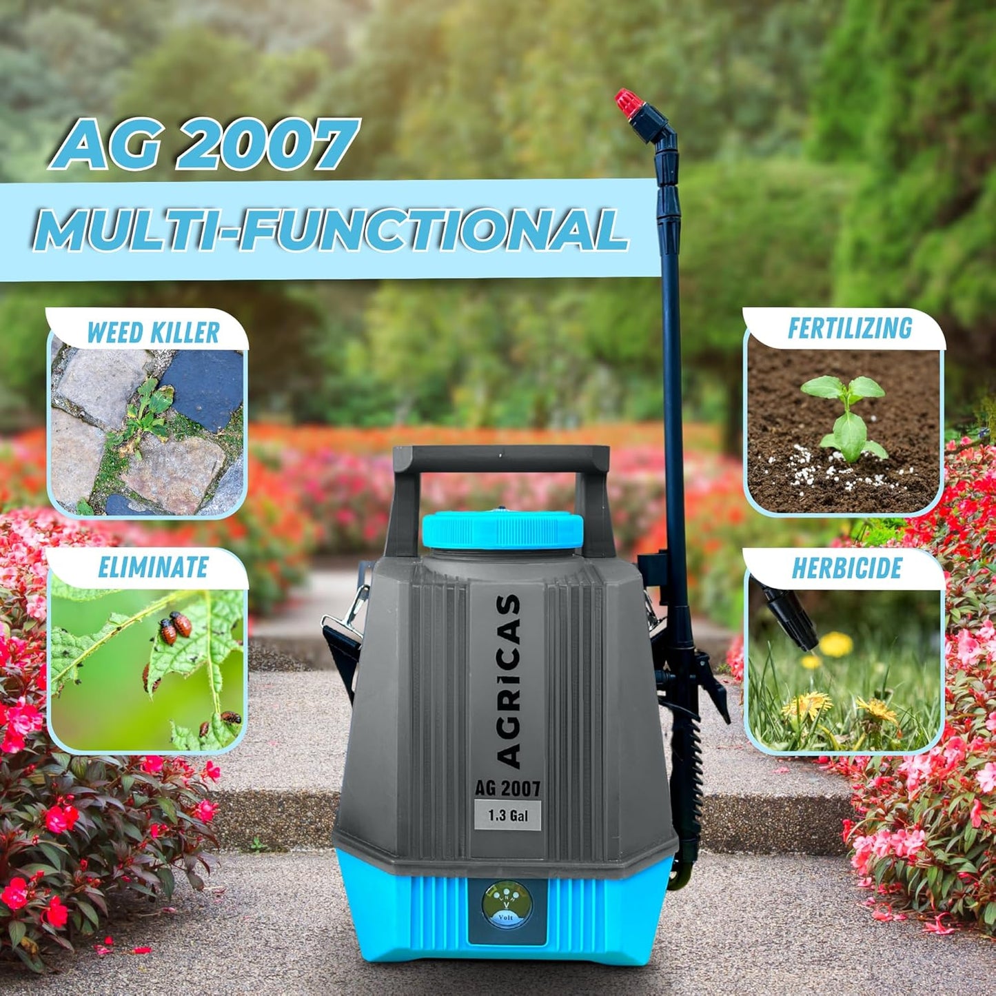 Battery Powered Sprayer 1.3 Gallon, Electric Lawn and Garden Sprayer for Weed/Pest Control, Lithium-Ion Battery, Adjustable Nozzle, Shoulder Strap, High-Pressure Hose