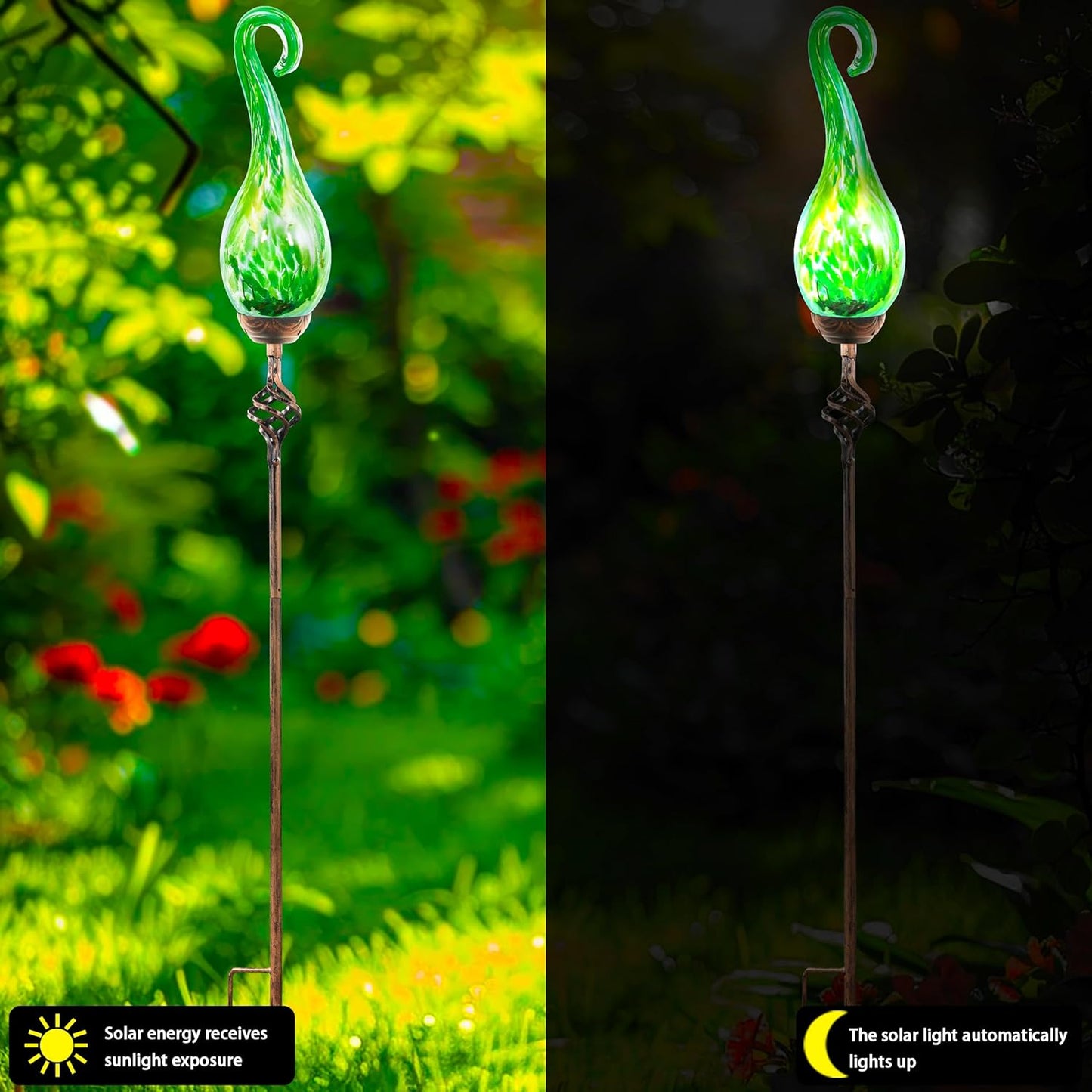 Garden Solar Lights Outdoor, Decorative LED Pearlized Glass Spiral Garden Stake with Finial, Hand Blown Glass and Metal Outdoor Decoration, 3 x 36 Inch (Green)