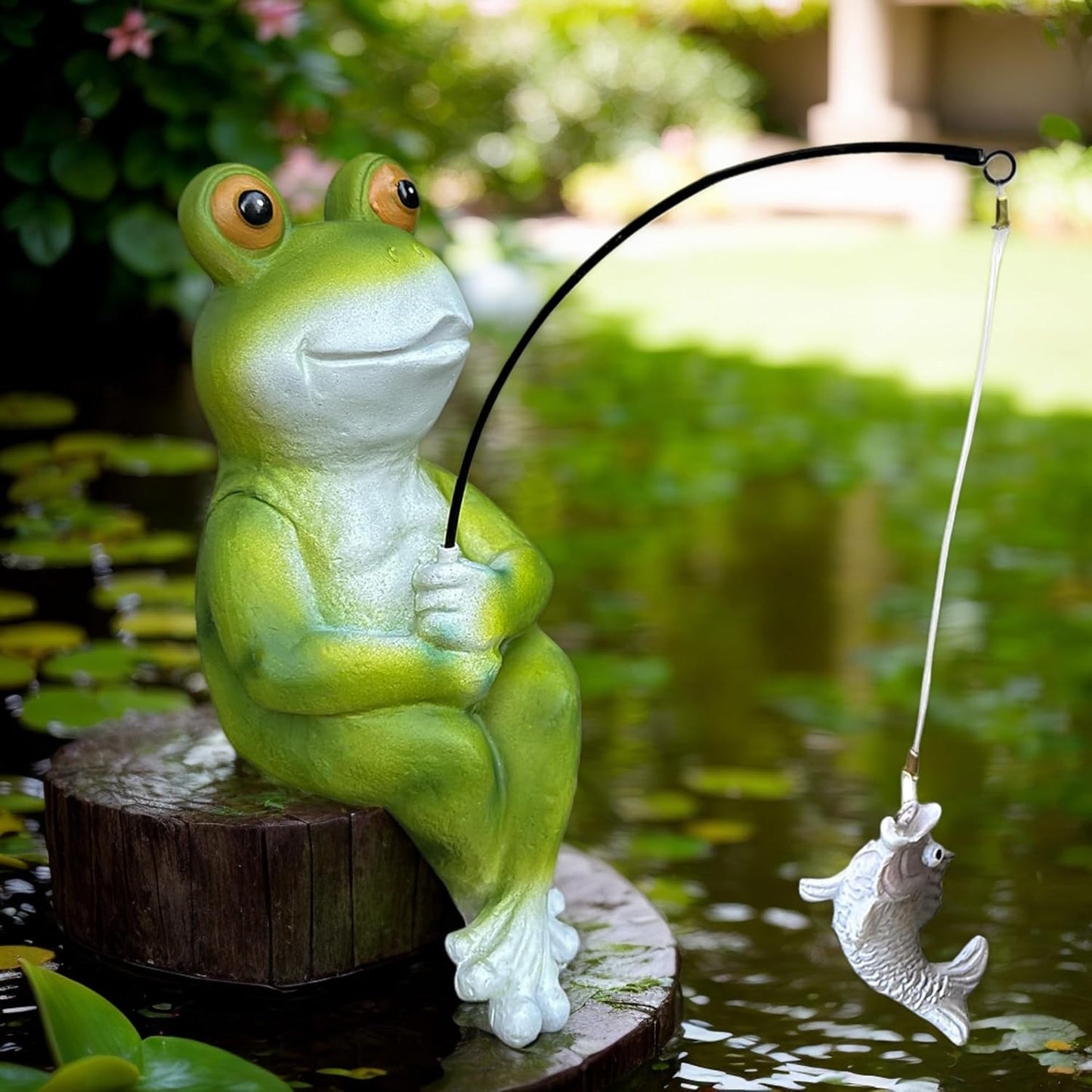 9.5" Frog Fishing Garden Sculptures & Statues, Stone Look Sculpture, Whimsical Lawn Yard Art, Funny Pond Fisherman Statue, Resin Animal Decorative Figurine, for Frog Fishing Lovers