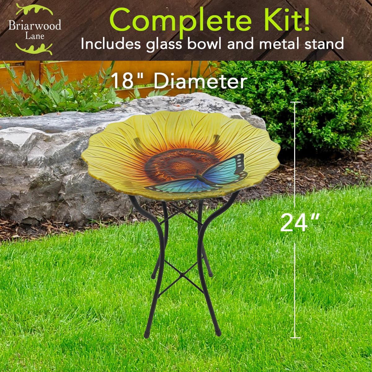 Briarwood Lane Butterfly and Sunflower Glass Bird Bath