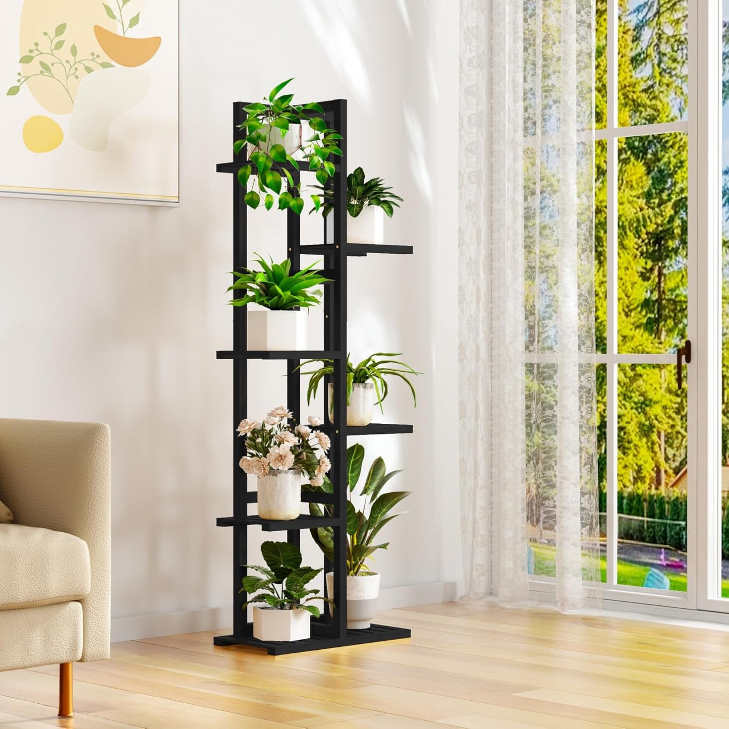 6 Tier Bamboo Plant Stand Indoor, Wood Tall Flower Holder Corner Tiered Plant Shelf for Multiple Plants (Black)