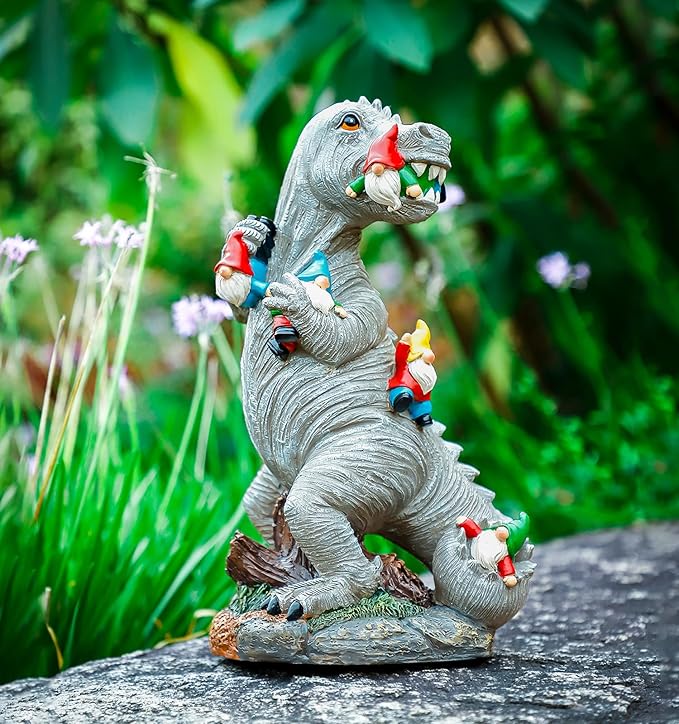 Garden Statue Outdoor Decoration, Weatherproof 14” Dinosaur Garden Gnome, Indoor Outdoor Décor Garden Art for Patio Lawn Yard, Gardening Gift for Homeowners