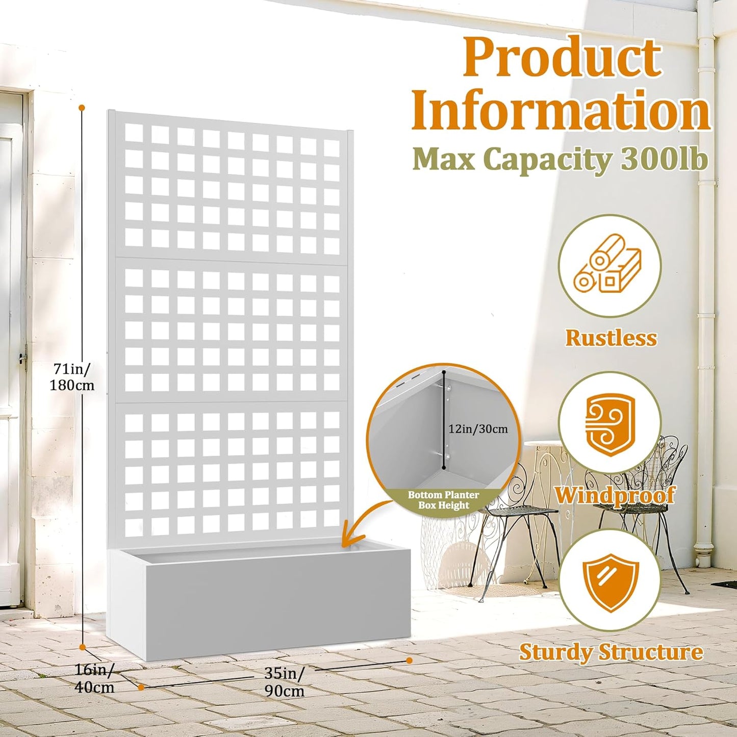 Metal Planter Box with Trellis, Heavy-Duty Raised Garden Bed for Climbing Plants, Drainage Hole, Outdoor Planter Box with Privacy ScreenïŒ35''LĂ16''WĂ71''H