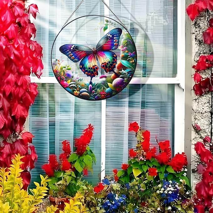 RIVEENY Butterfly Stained Glass Window Hangings, 8" Monarch Butterfly Hanging Stained Glass for Windows, Sun Catcher Garden Hangings Christmas Mother's Day, Valentine's Day Ornaments Festival Gift