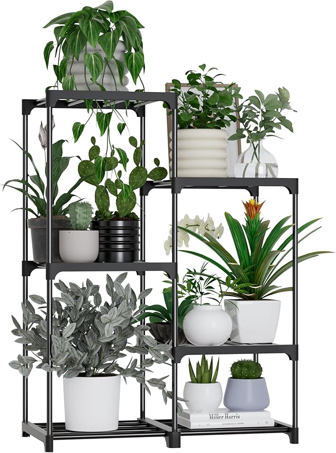 Plant Stand Indoor Outdoor Hanging Plant Shelf for Multiple Plants Pots Metal Flower Stand Flower Holder for Living Room, Patio, Balcony, Garden Decor, Black