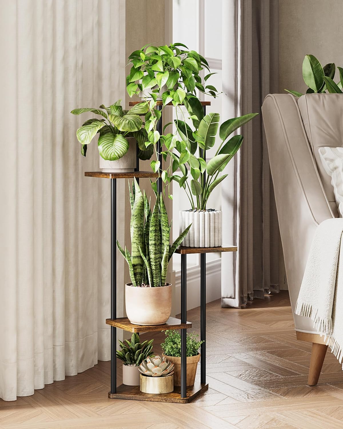 Tall Plant Stand Indoor 5 Tiered Plant Shelf for Multiple Plants Coner Shelf Stand Wood Plant Stand Metal Shelving for Living Room Bedroom Balcony Patio Brown Oak