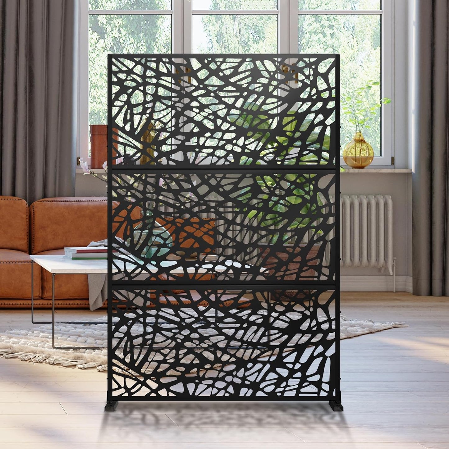 Metal Privacy Screen Outdoor 72" H×47" W,Freestanding Decorative Privacy Screen for Balcony Yard&Garden,Privacy Fence-Black&Net