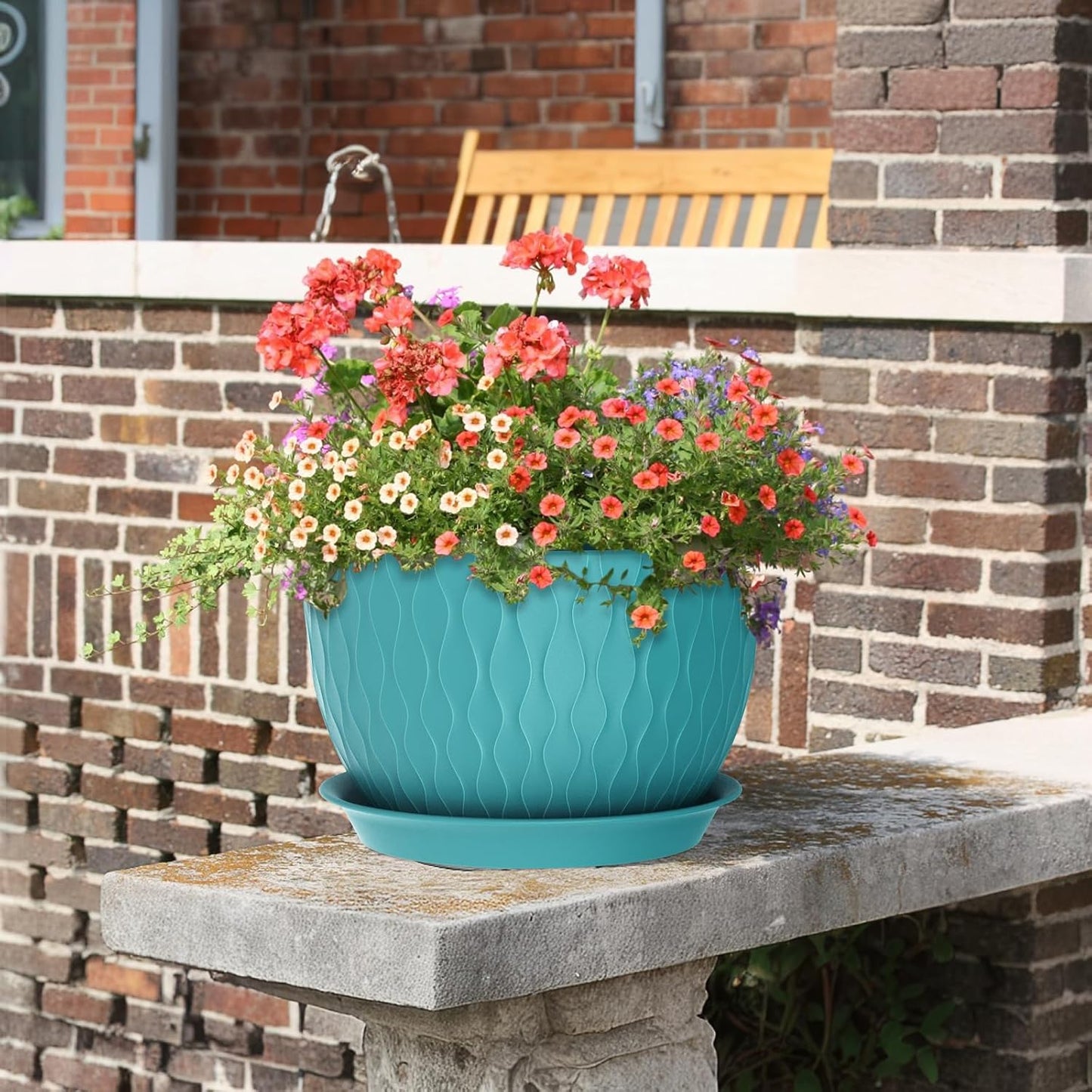 Large Plant Pots 12/10/9 inch, 3 Pack Big Flower Pots for Outdoor Indoor Plants with Water Ripples, Wide Plastic Planters with Drainage Holes and Saucers for Garden Home Decor, Blue Green