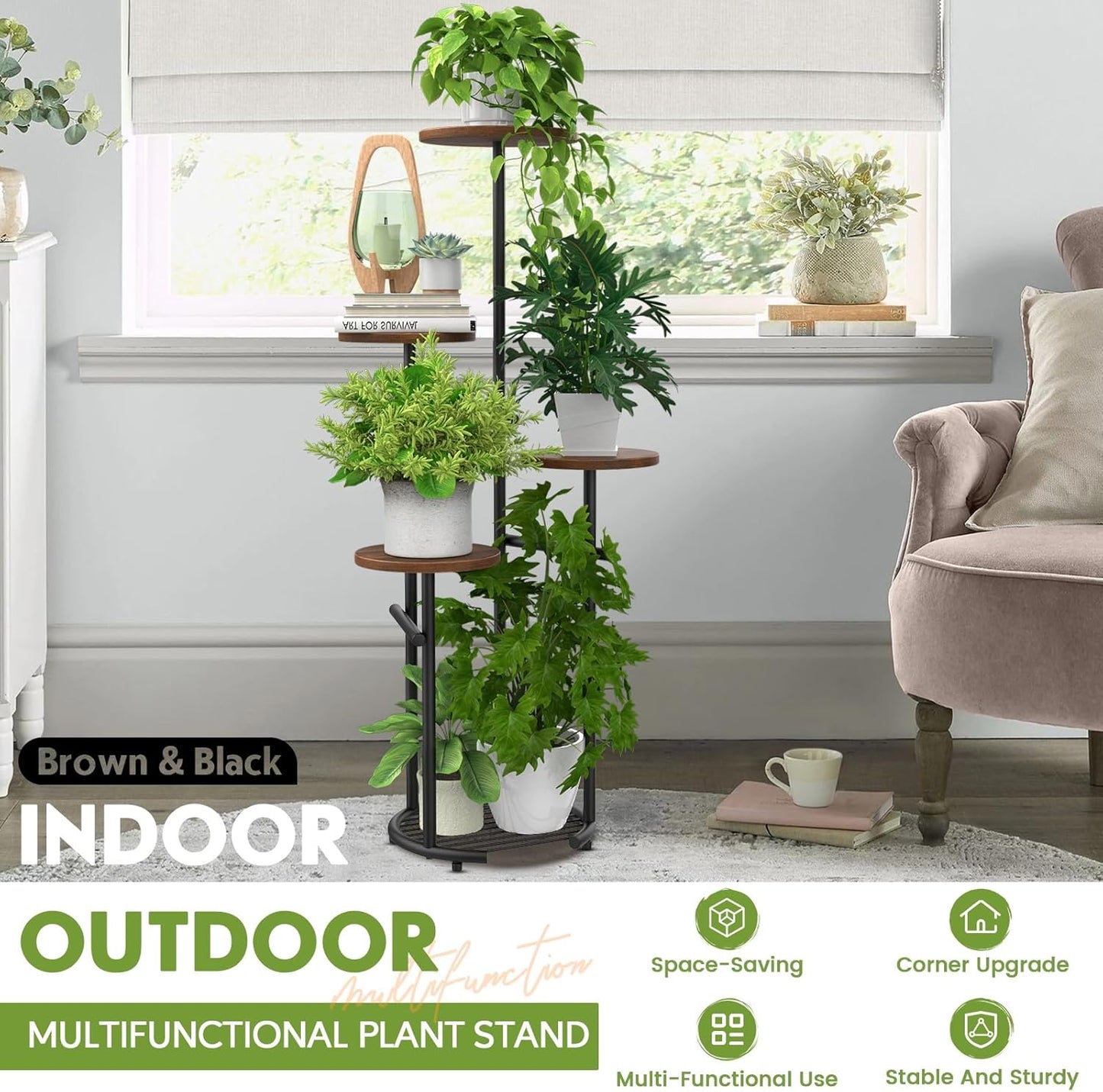 TOSKING 5 Tier Metal Plant Stand Indoor, Plant Shelf, Corner Shelf Flower Pot Stand for Outdoor Plant Stand for Living Room Balcony Garden Patio Bedroom (Black and Brown, 42in)