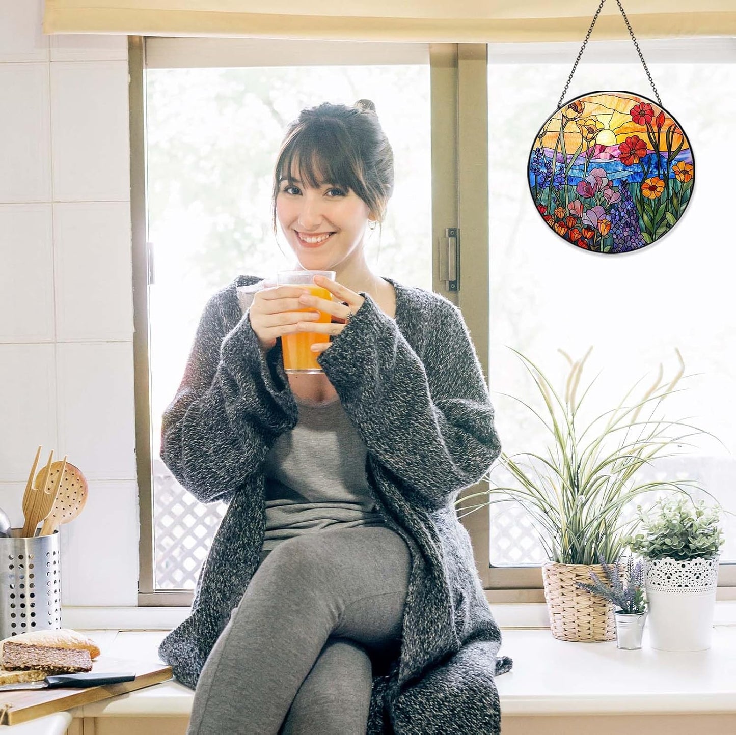 Wildflowers Sun Catcher Stained Glass Window Hanging Plant Lover Gifts for Women Wildflowers Wall Decor Handmade Sun Catcher Decoration for Window Garden Home Christmas & Birthday Gifts