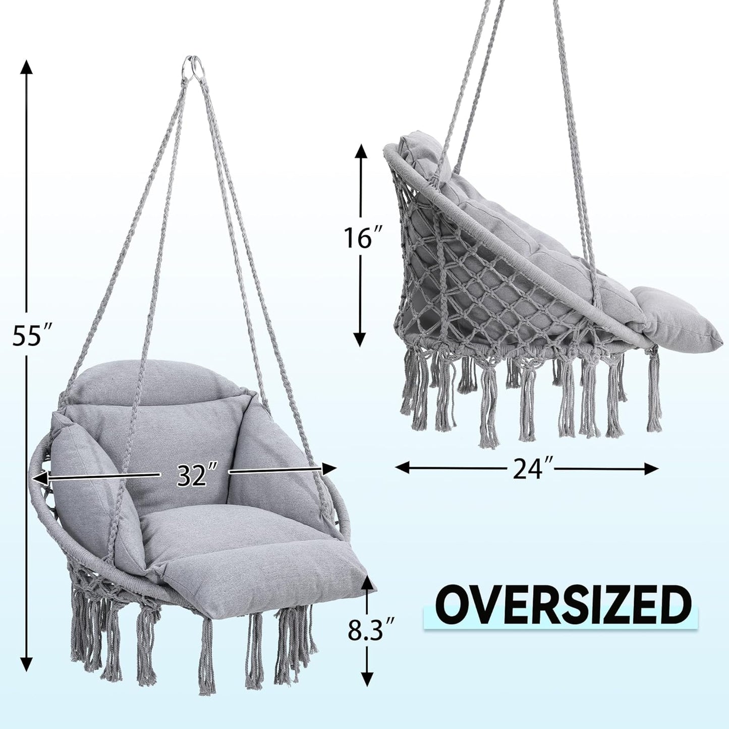Macrame Hammock Hanging Swinging Chair with Oversized Cushion, Perfect for Bedroom, Porch, Kids, Adults, Balcony, Grey