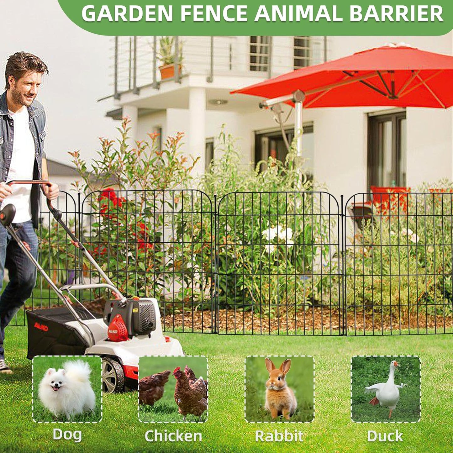 5 Panels No Dig Decorative Garden Fence with Gate, Total 11.8 ft(L) x 32 in(H) Animal Barrier Border for Dog, Rustproof Metal Wire Panel Border for Yard, Temporary Tall Fencing with Ground Stakes