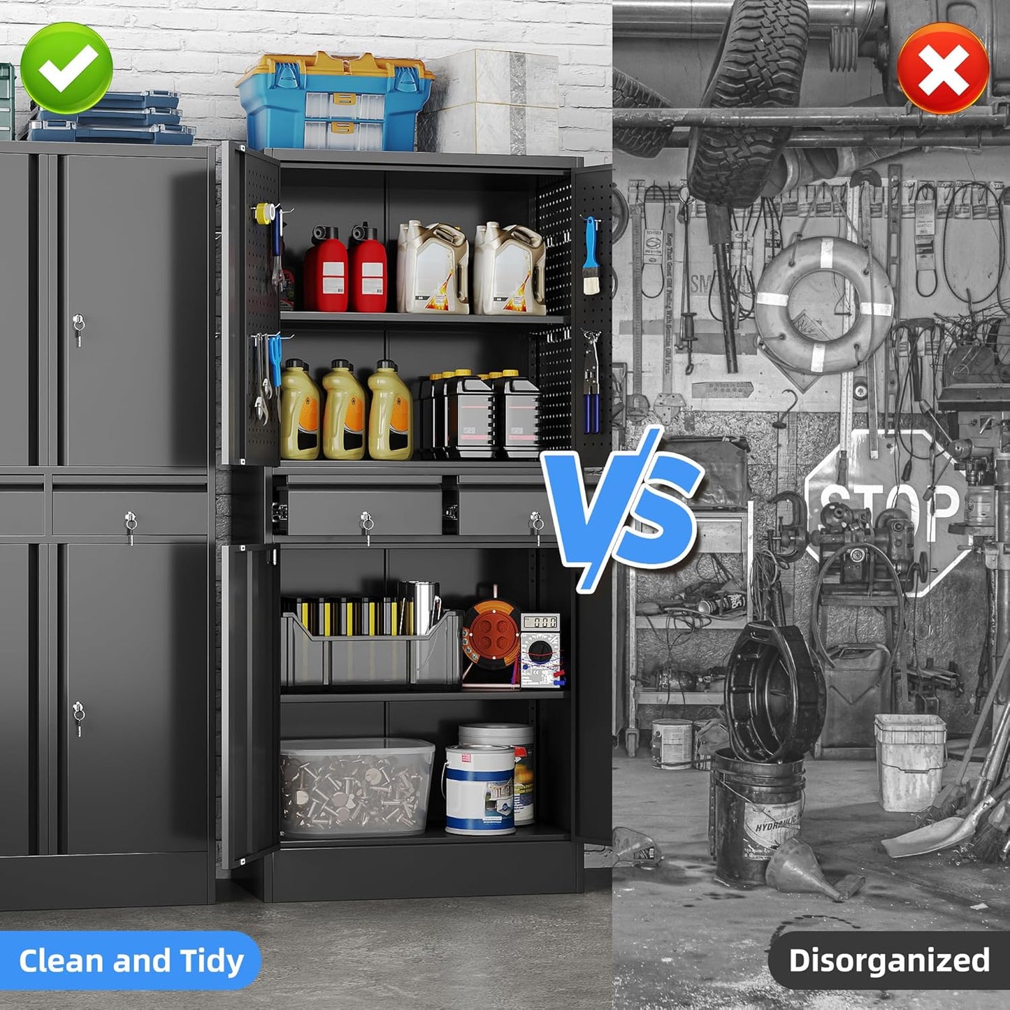 Metal Storage Cabinet with 2 Drawers and Pegboard, Garage Storage Cabinet with Locking Doors and 2 Adjustable Shelves, 71" H Steel Cabinets for Garage, Home, Office, School, Black