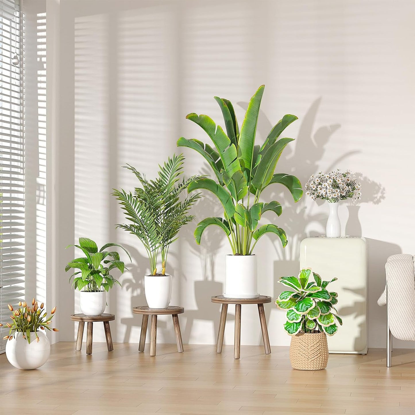 3-Pack Wood Plant Stands Indoor, Single Plant Stand for 6-12 Inch Pots, Mid-Century Modern Plant Stool, Tall Plant Stand for Large Plants for Living Room, Balcony, Office (Dark Brown)