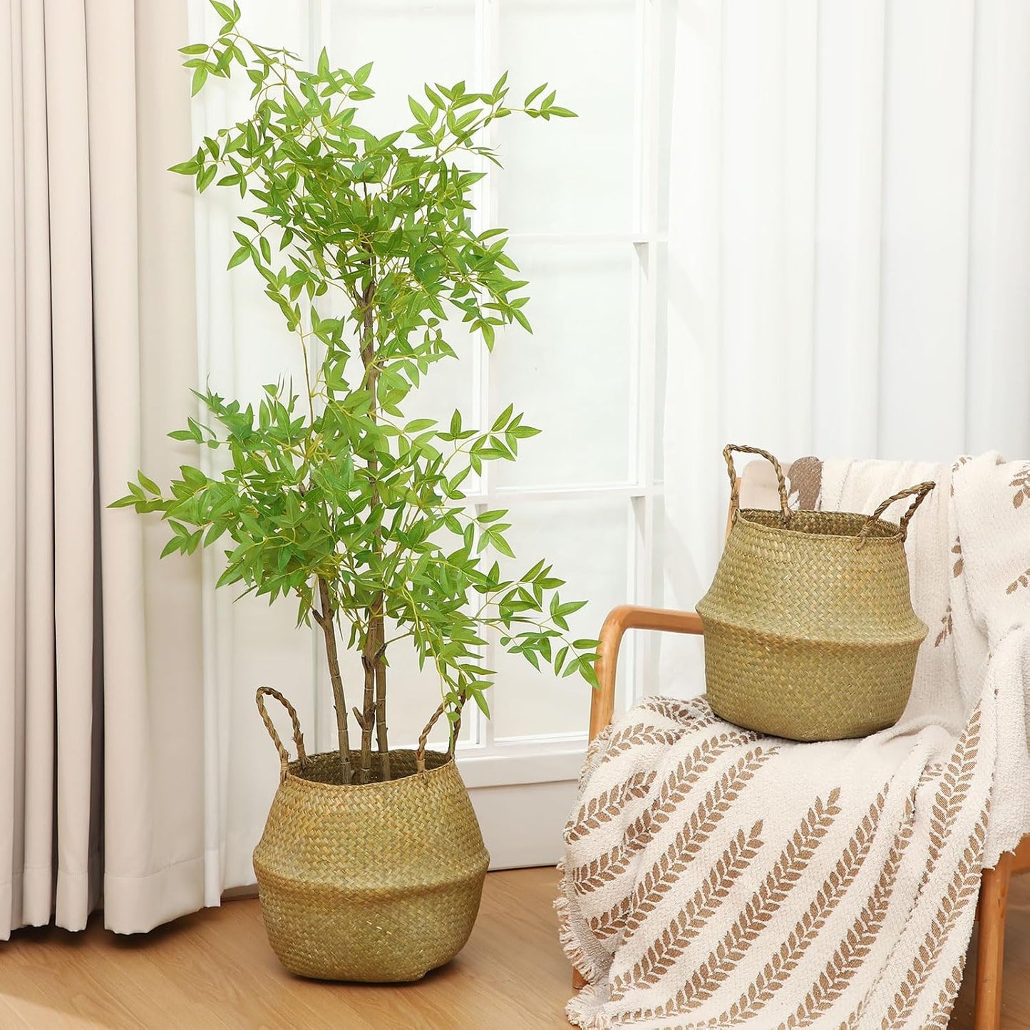 Qunclay 4 Pcs Woven Seagrass Baskets Belly Basket Folding Boho Natural Plant Pot with Handles Round Decorative Wicker Large Indoor Planter for Home Outdoor Tree Planters Decor (13.78 x 12.2 Inch)