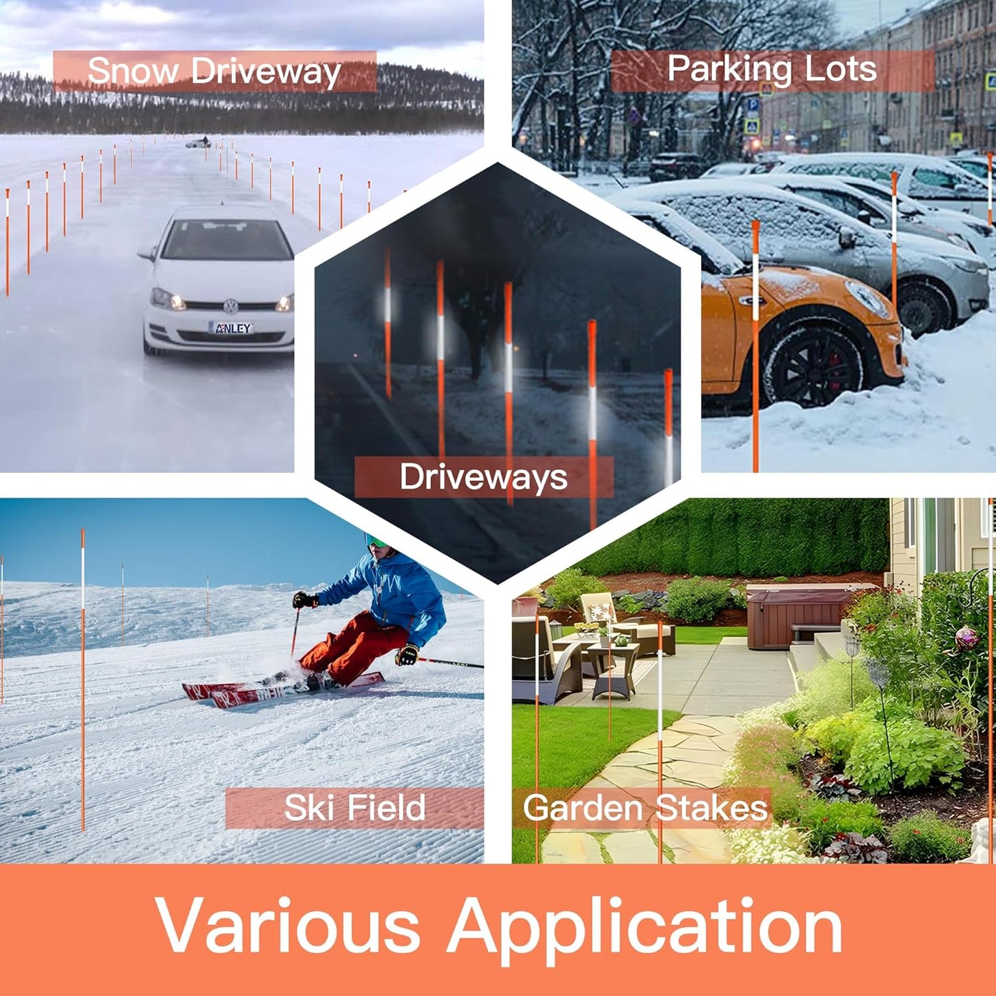 Driveway Markers 4 Feet 30pcs, 5/16 in Dia Snow Stakes with Reflective Tape, Highly Visible for Parking, Walkways, Snow Markers, 48 inch Dia Orange Fiberglass Driveway Reflectors with Steel Drill Bit