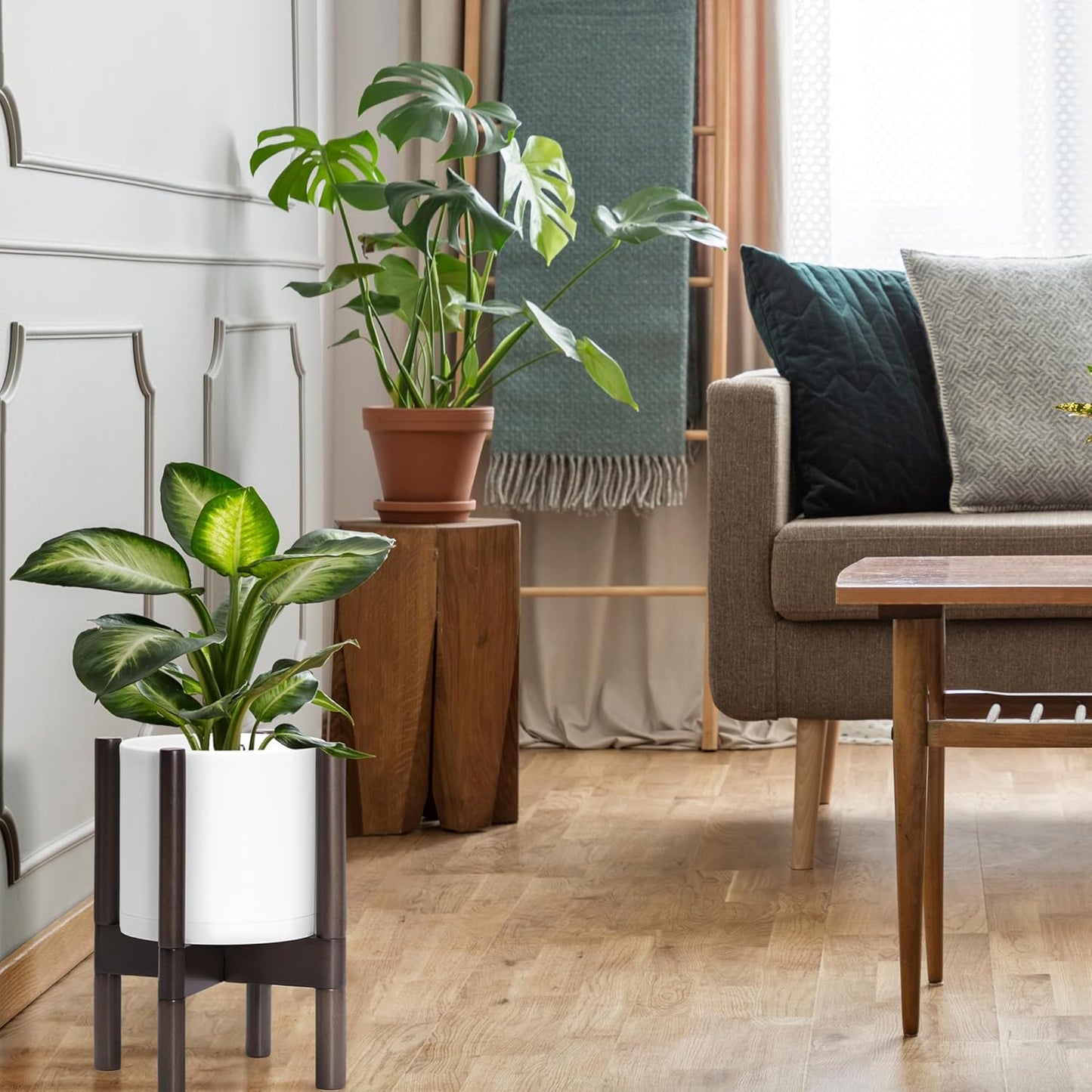 D'vine Dev Planter Pot with Stand - 8 Inch Plastic Cylinder Flower Pot with Wood Planter Holder for Indoor, Matte White Pot + Walnut Color Stand, 55-C-I-1