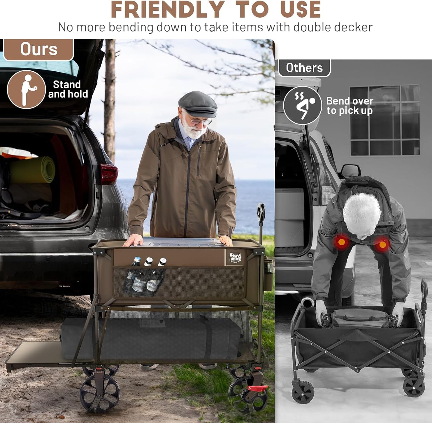 TIMBER RIDGE 400L Large Capacity Folding Double Decker Wagon with Brakes, 54" Extra Long Extender Wagon Cart, 450lbs Heavy Duty Collapsible Cart, All-Terrain Big Wheels for Camping, Sports, Shopping